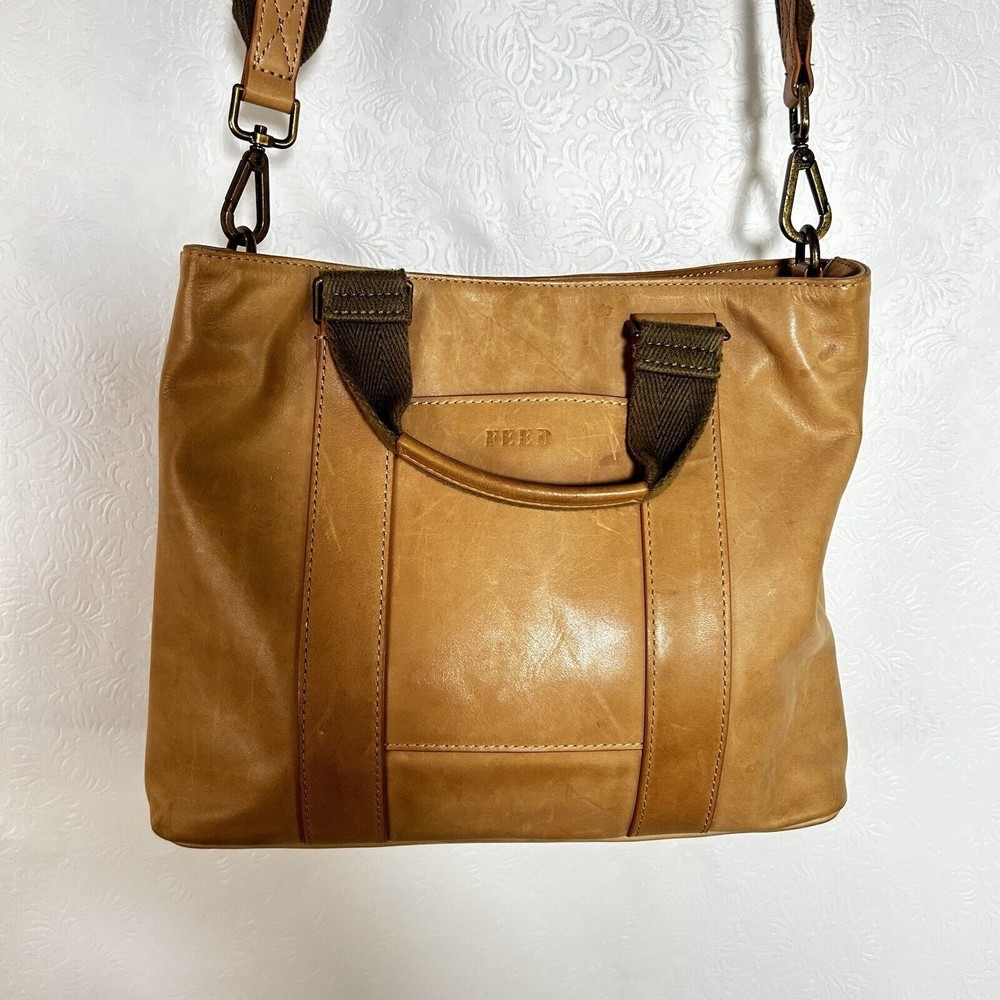 Feed Projects Small Leather Work Crossbody Bag Tan Olive Green Canvas Handles